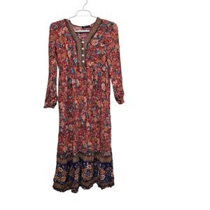 Kojooin Boho Floral Maxi Dress Rayon Long Sleeve Women's M